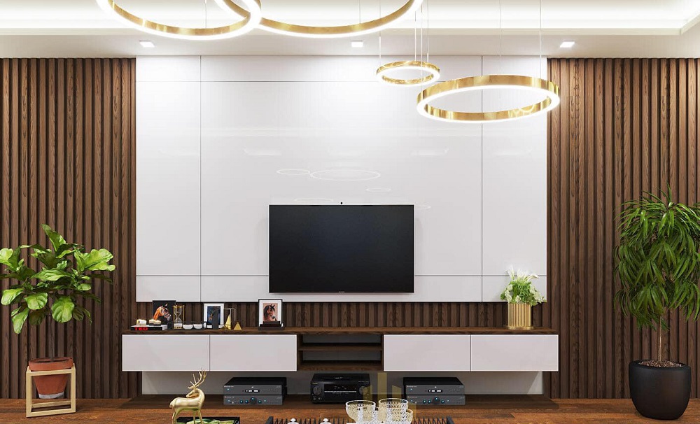 Phối hợp tấm ốp tường với nội thất hiện đại: gỗ, đèn LED, vách ngăn